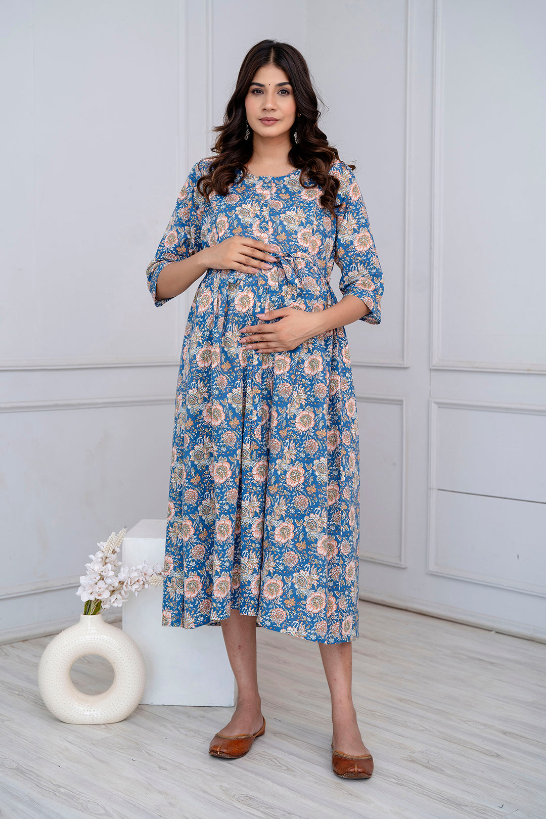 Blue Floral Maternity Dress For Women | LASVINI - Redefining Indian Fashion with Elegance