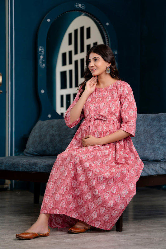 Pink Printed Maternity Dress For Women | LASVINI - Redefining Indian Fashion with Elegance
