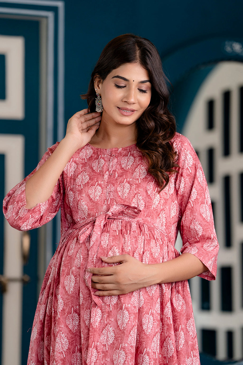 Pink Printed Maternity Dress For Women | LASVINI - Redefining Indian Fashion with Elegance