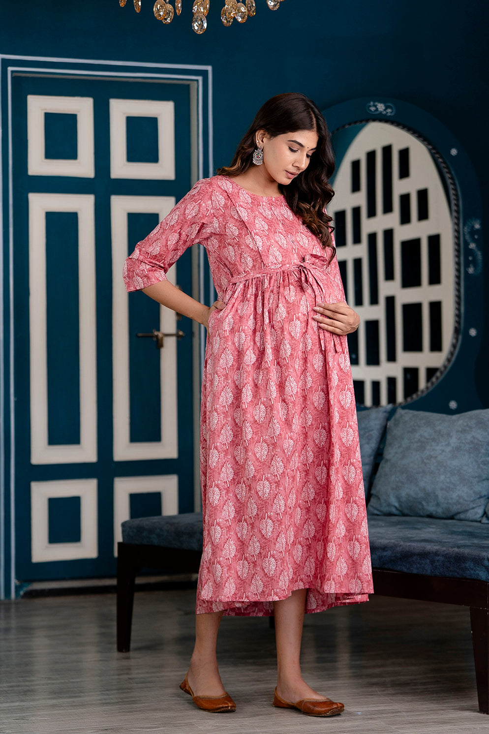 Pink Printed Maternity Dress For Women | LASVINI - Redefining Indian Fashion with Elegance