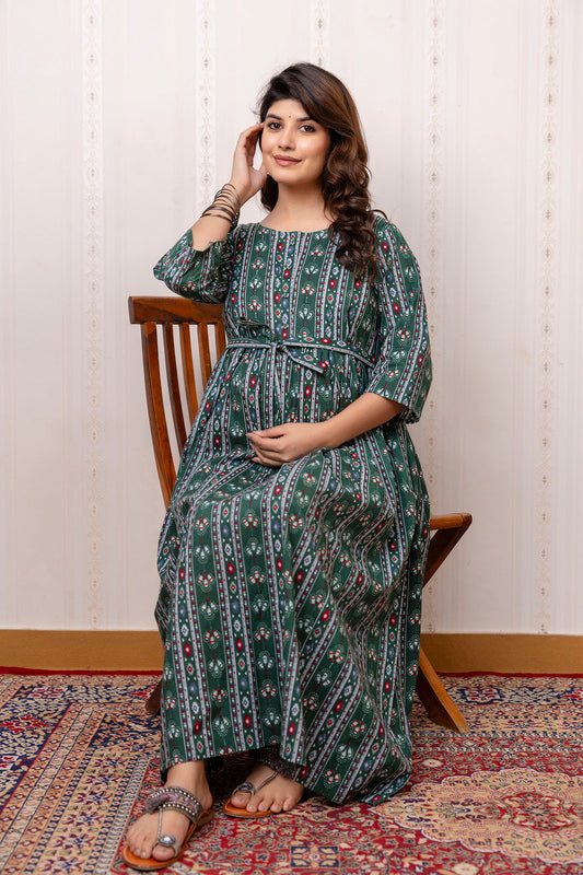 Green Printed Maternity Dress For Women | LASVINI - Redefining Indian Fashion with Elegance