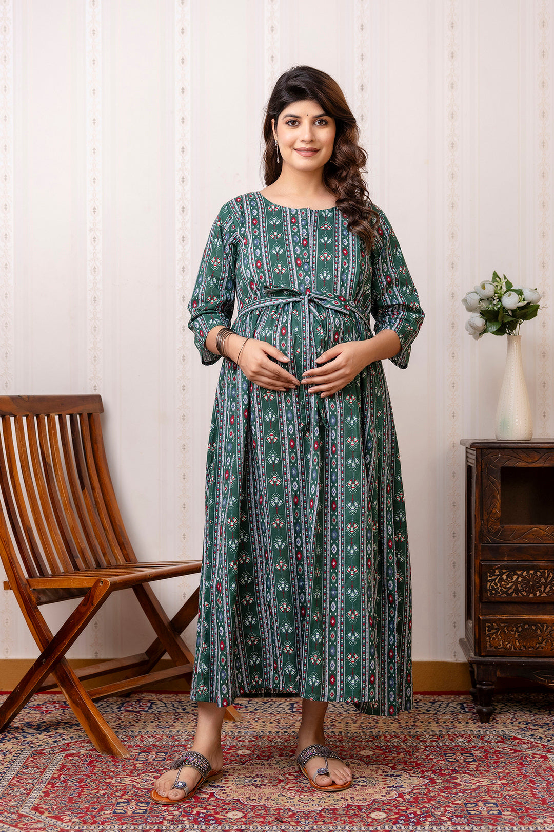 Green Printed Maternity Dress For Women | LASVINI - Redefining Indian Fashion with Elegance