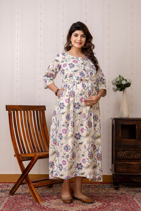Off White Maternity Dress For Women | LASVINI - Redefining Indian Fashion with Elegance