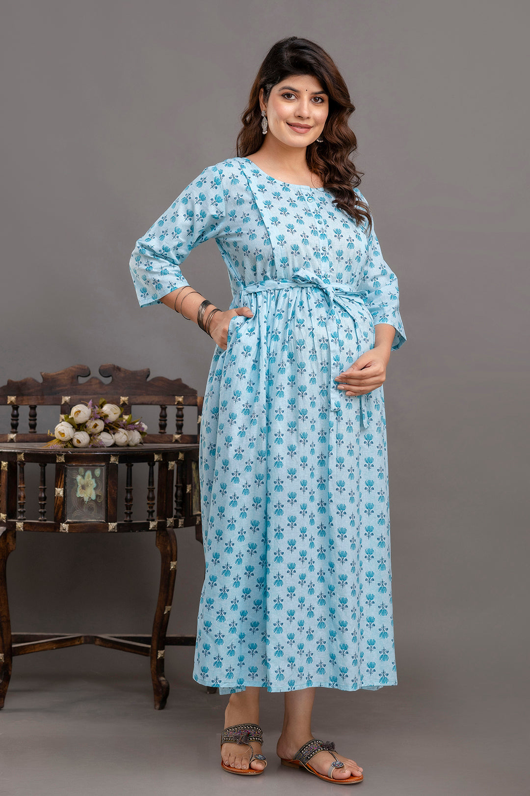 Blue Printed Maternity Dress For Women | LASVINI - Redefining Indian Fashion with Elegance