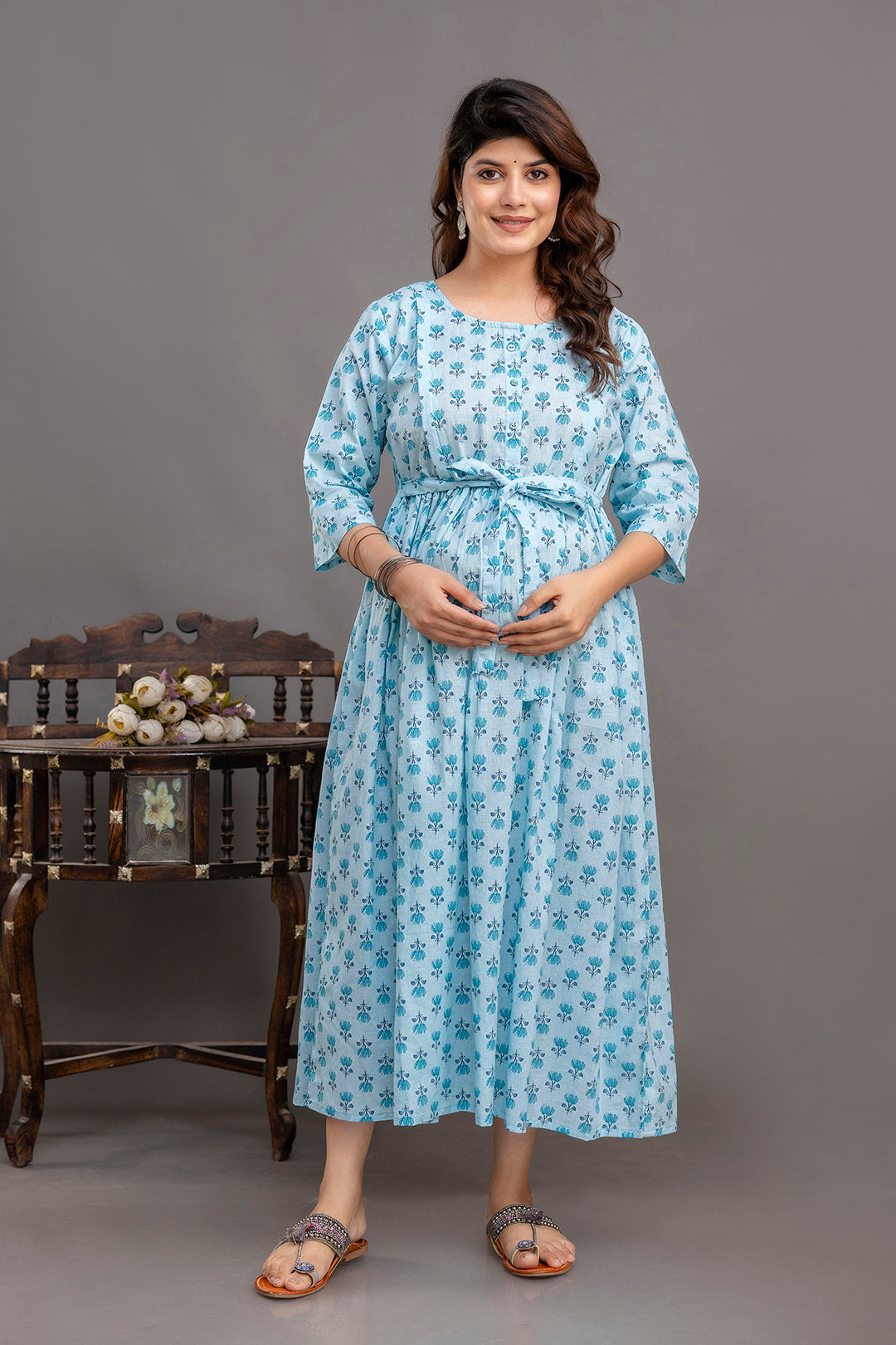 Blue Printed Maternity Dress For Women | LASVINI - Redefining Indian Fashion with Elegance