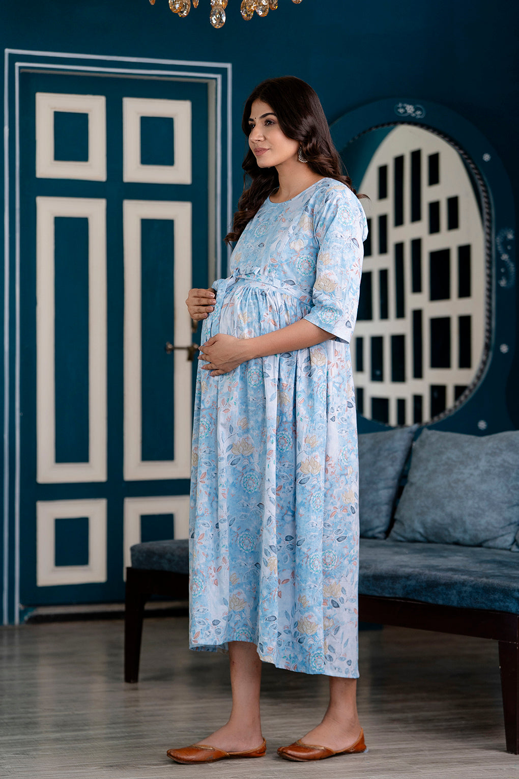 Blue Printed Maternity Dress For Women | LASVINI - Redefining Indian Fashion with Elegance