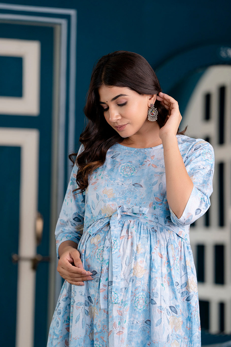 Blue Printed Maternity Dress For Women | LASVINI - Redefining Indian Fashion with Elegance