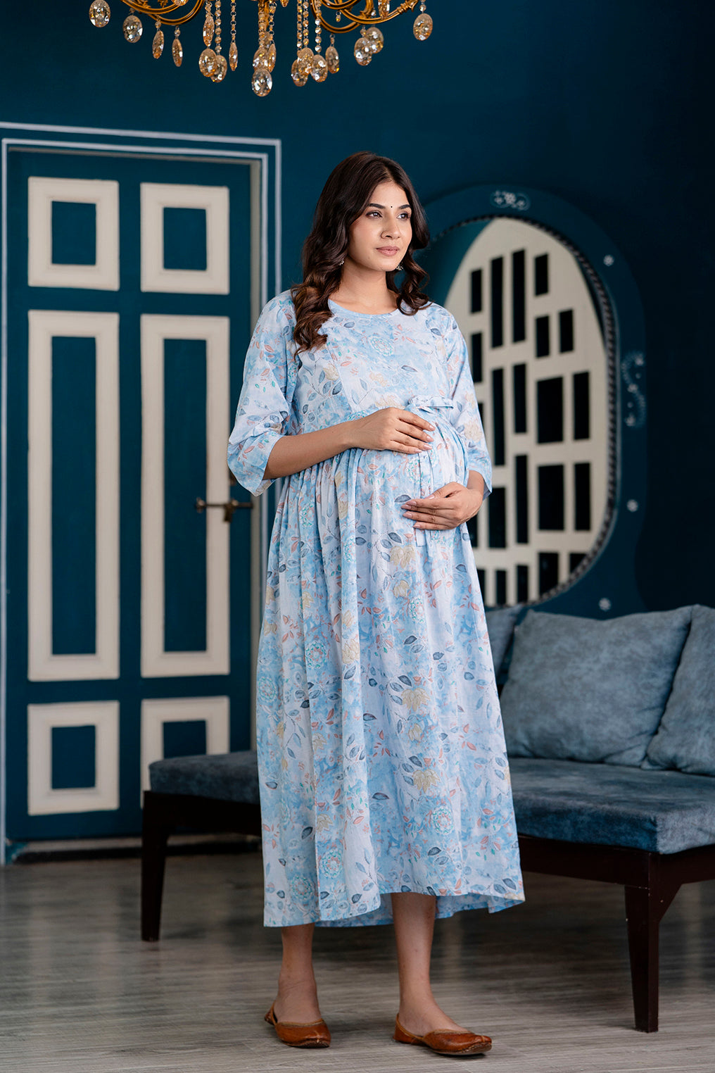 Blue Printed Maternity Dress For Women | LASVINI - Redefining Indian Fashion with Elegance