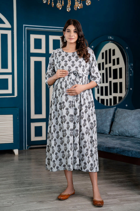 Grey Printed Maternity Dress For Women | LASVINI - Redefining Indian Fashion with Elegance