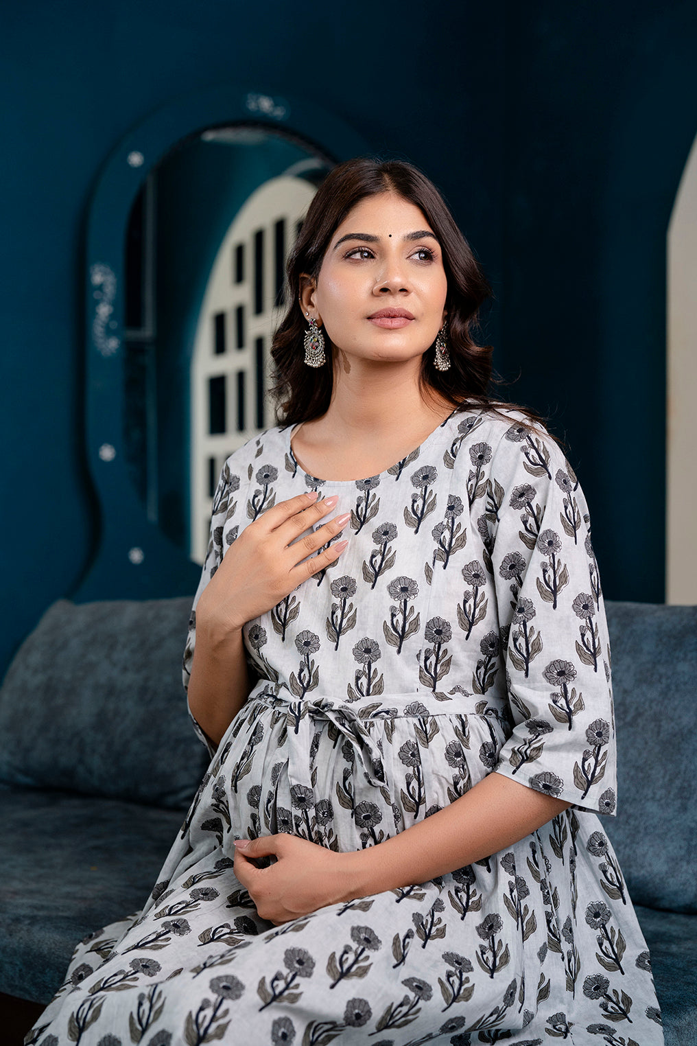 Grey Printed Maternity Dress For Women | LASVINI - Redefining Indian Fashion with Elegance
