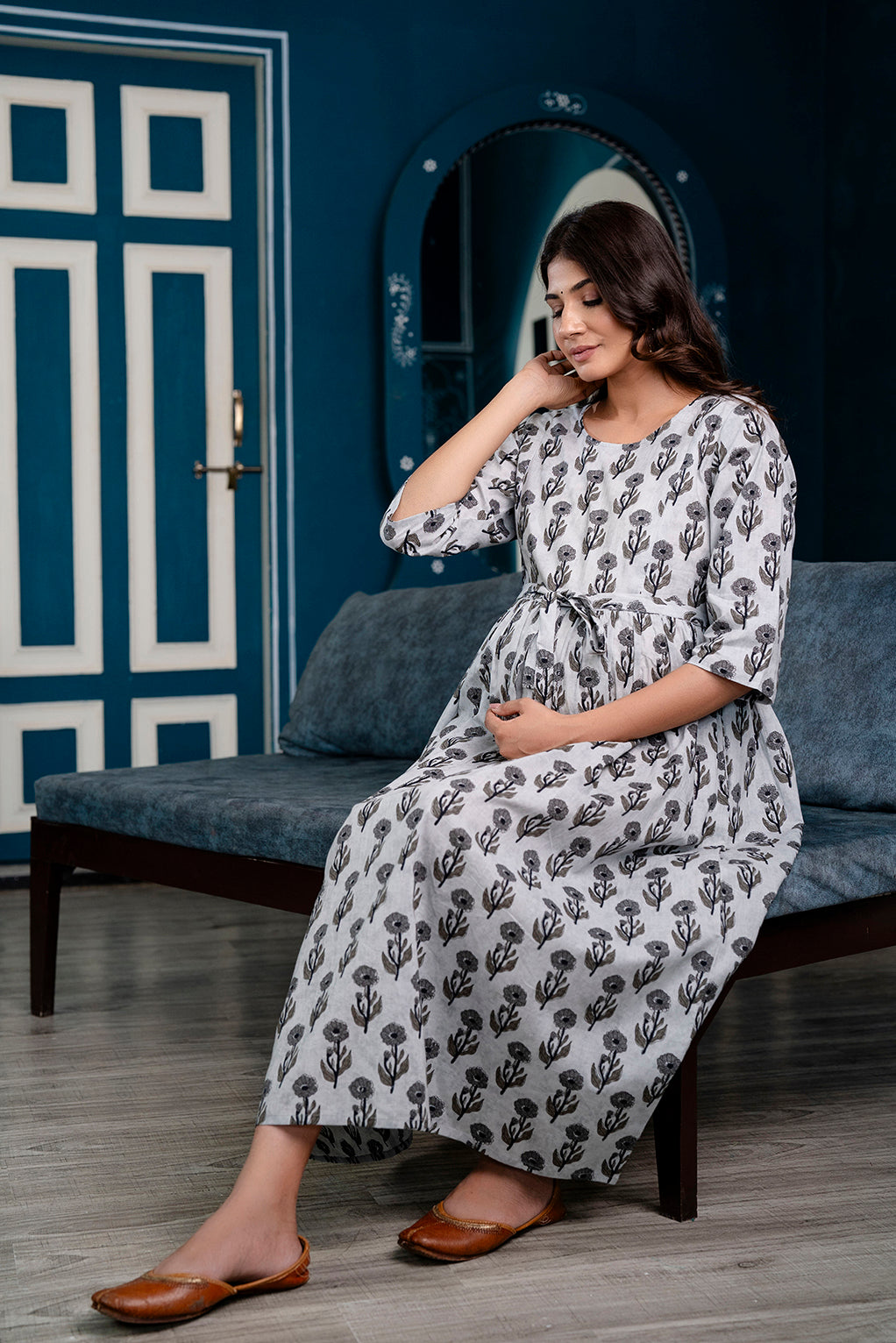 Grey Printed Maternity Dress For Women | LASVINI - Redefining Indian Fashion with Elegance