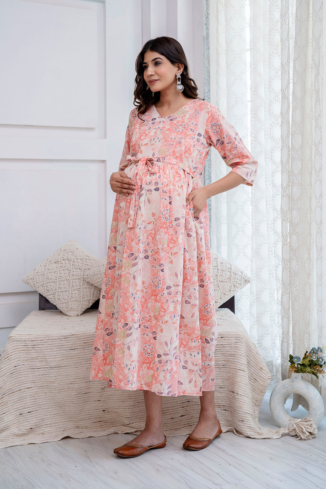 Peach Printed Maternity Dress For Women | LASVINI - Redefining Indian Fashion with Elegance