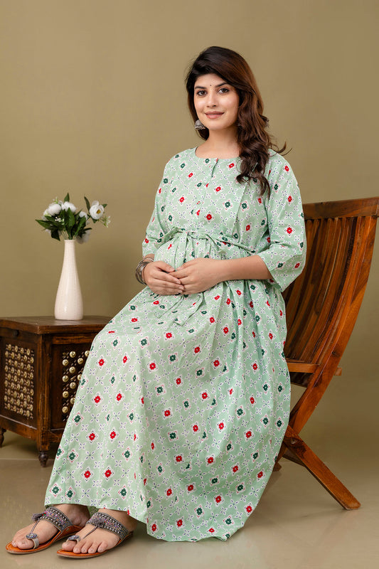 Green Printed Maternity Dress For Women | LASVINI - Redefining Indian Fashion with Elegance