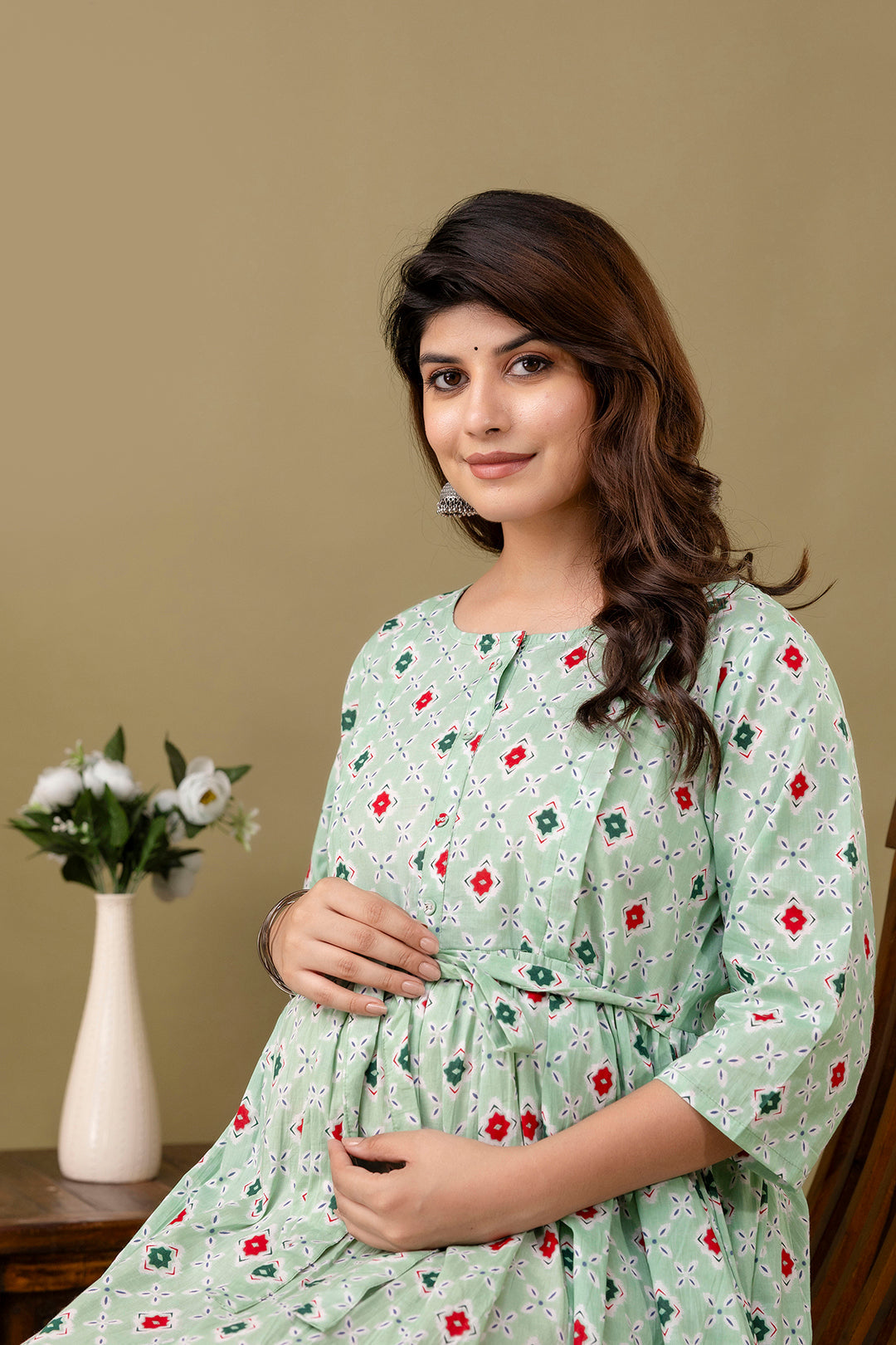 Green Printed Maternity Dress For Women | LASVINI - Redefining Indian Fashion with Elegance