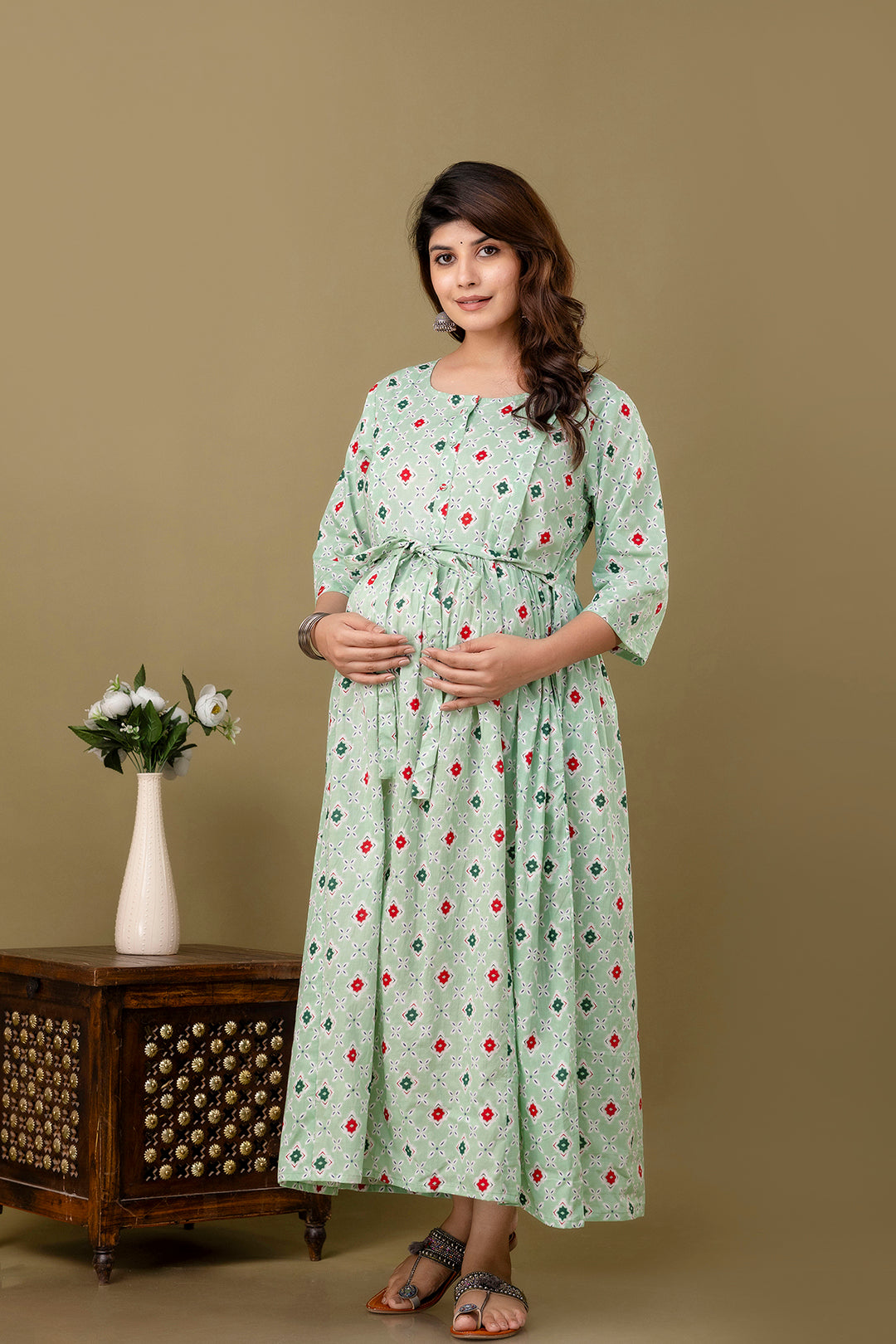 Green Printed Maternity Dress For Women | LASVINI - Redefining Indian Fashion with Elegance