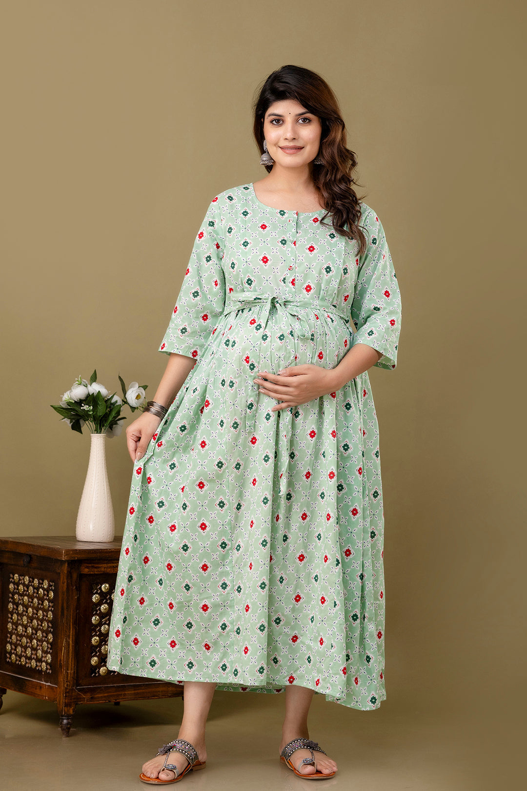 Green Printed Maternity Dress For Women | LASVINI - Redefining Indian Fashion with Elegance