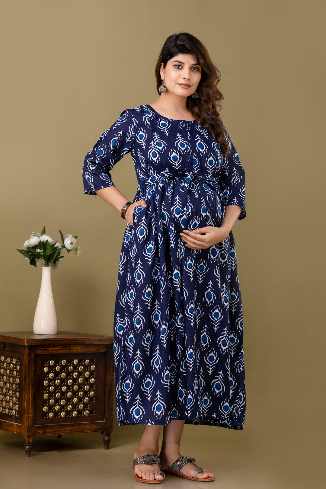 Navy Blue Printed Maternity Dress For Women | LASVINI - Redefining Indian Fashion with Elegance