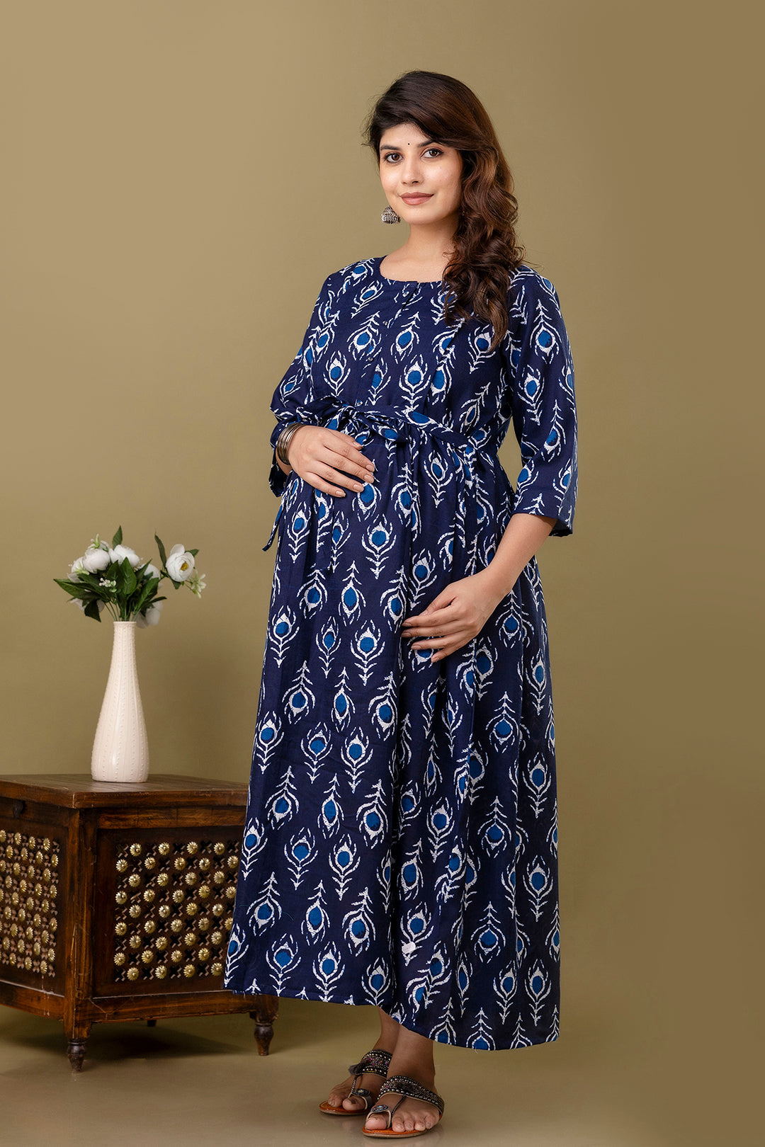 Navy Blue Printed Maternity Dress For Women | LASVINI - Redefining Indian Fashion with Elegance