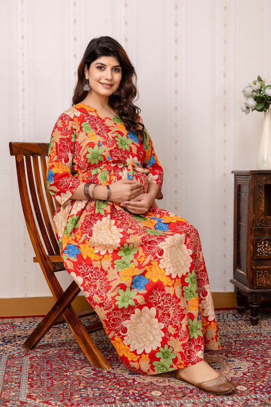 Red Printed Maternity Dress For Women | LASVINI - Redefining Indian Fashion with Elegance