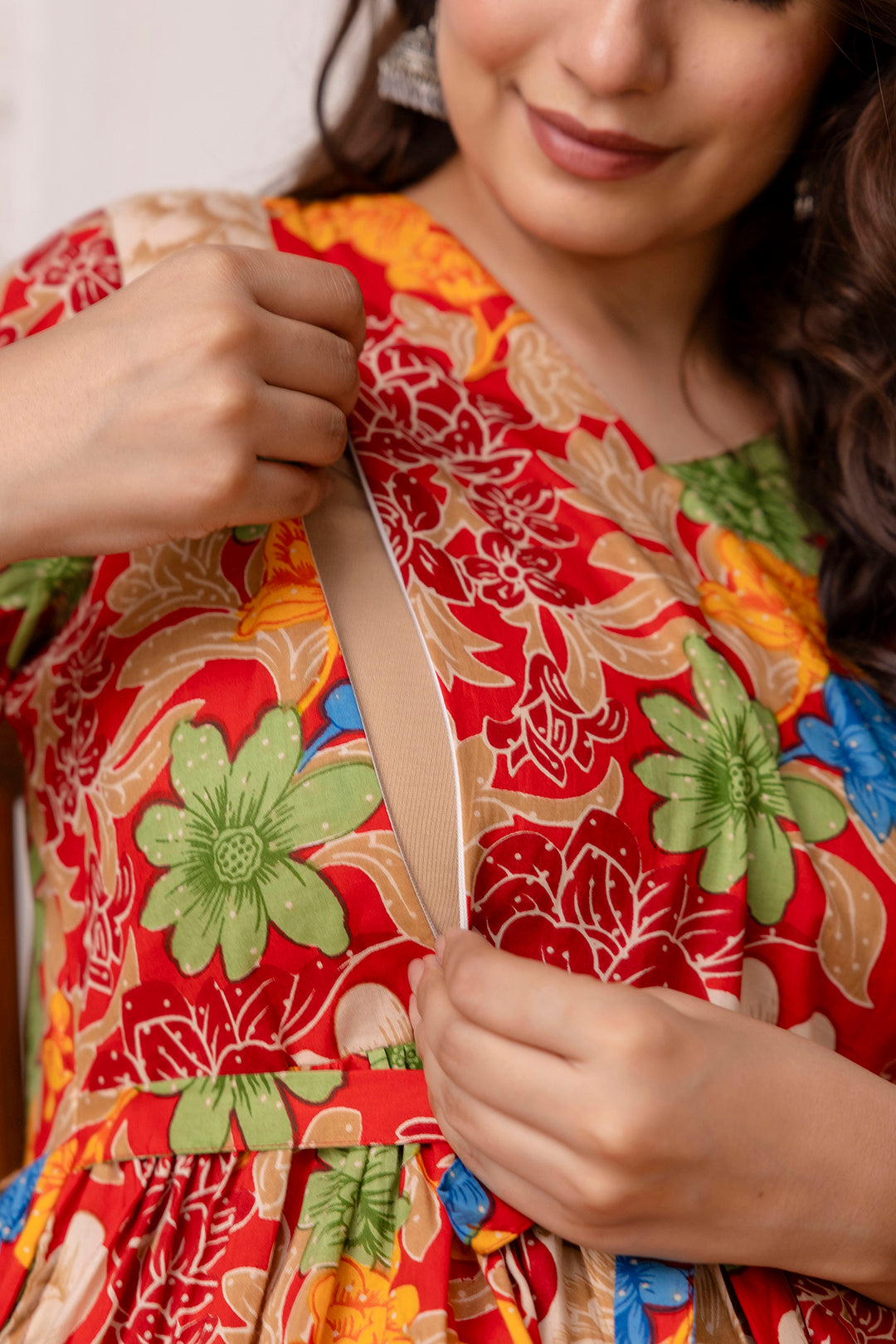Red Printed Maternity Dress For Women | LASVINI - Redefining Indian Fashion with Elegance