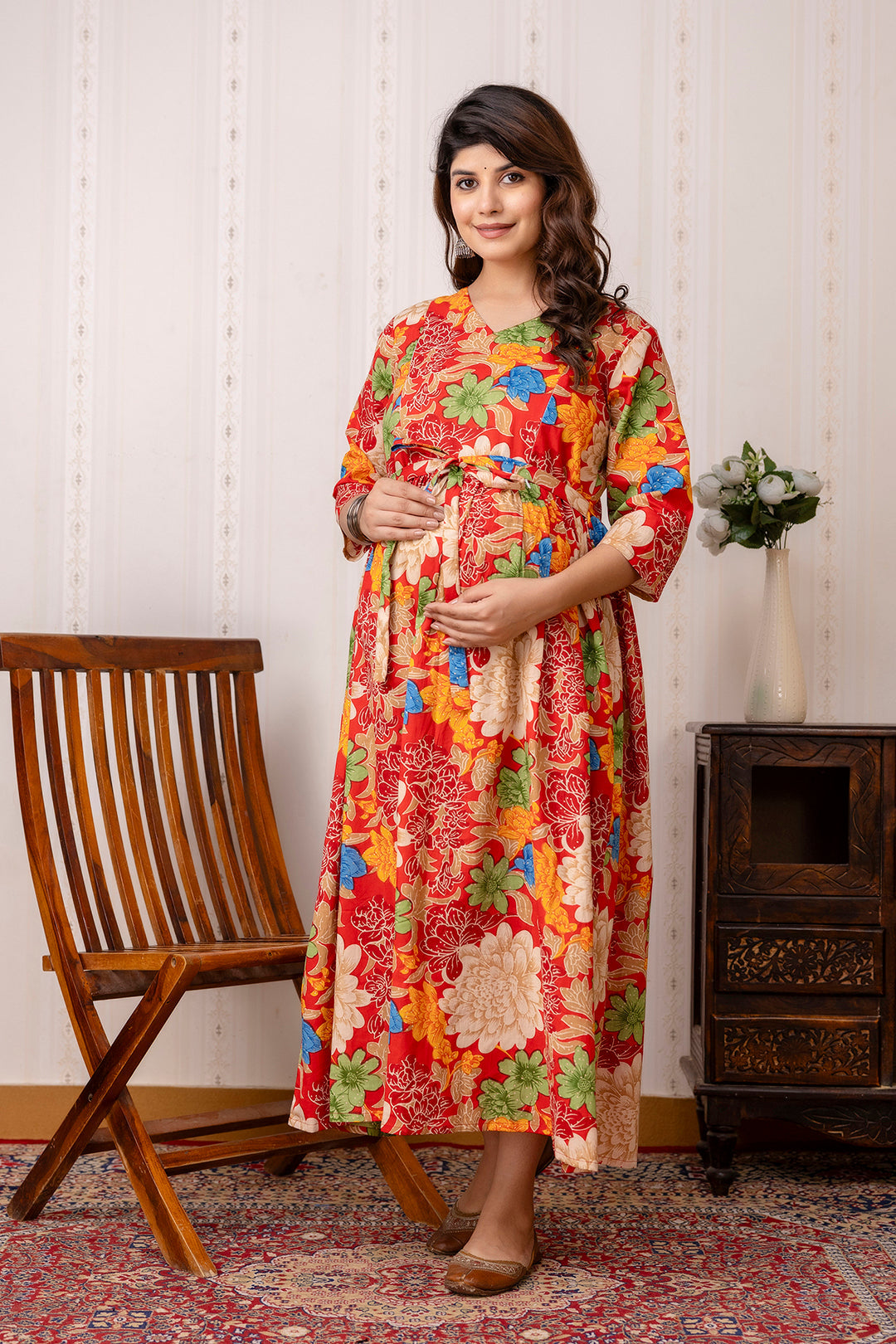 Red Printed Maternity Dress For Women | LASVINI - Redefining Indian Fashion with Elegance