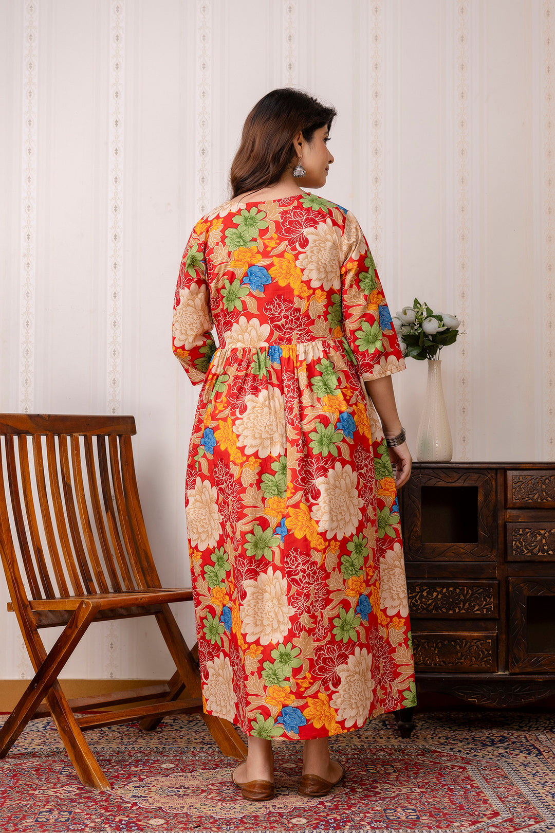 Red Printed Maternity Dress For Women | LASVINI - Redefining Indian Fashion with Elegance