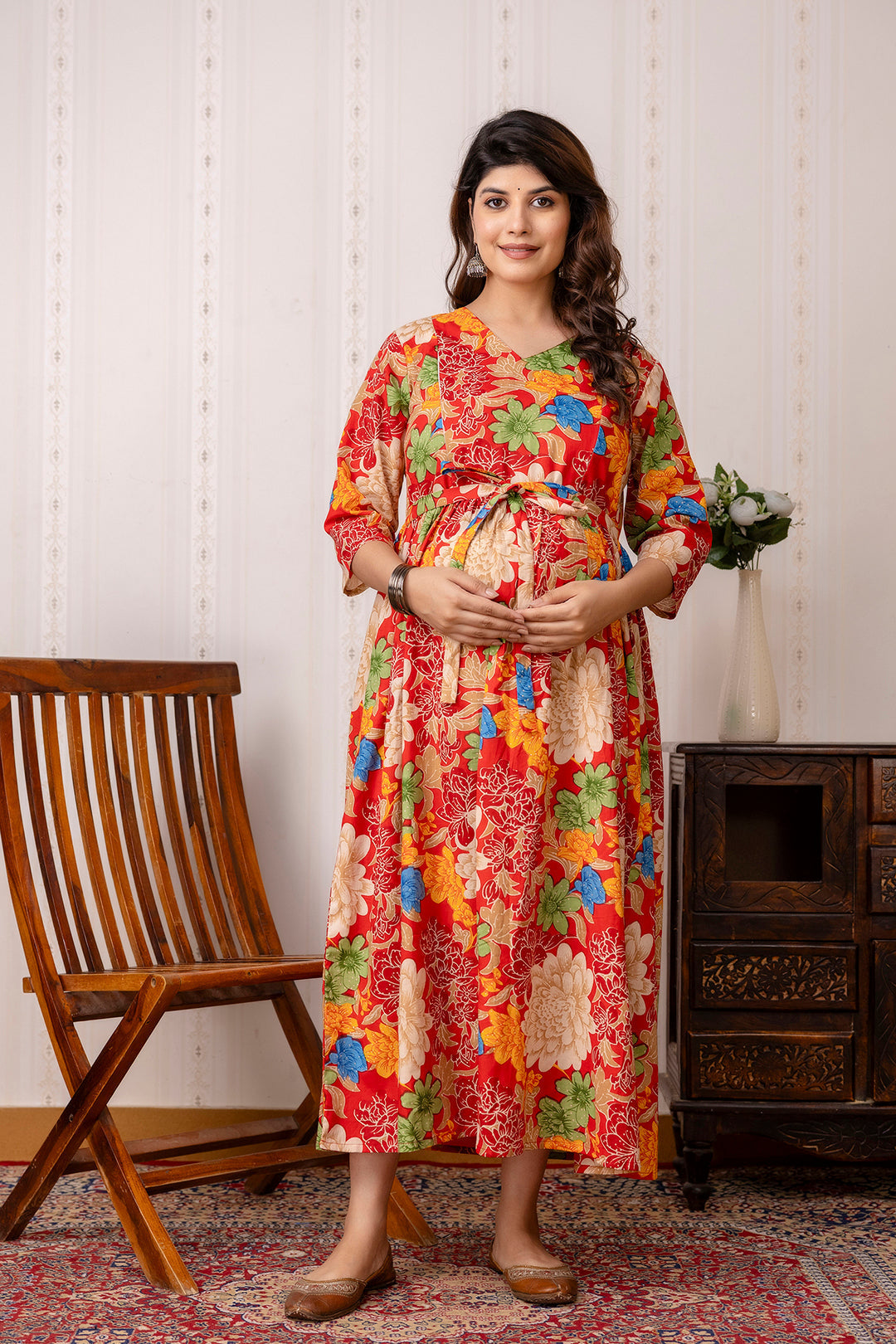 Red Printed Maternity Dress For Women | LASVINI - Redefining Indian Fashion with Elegance