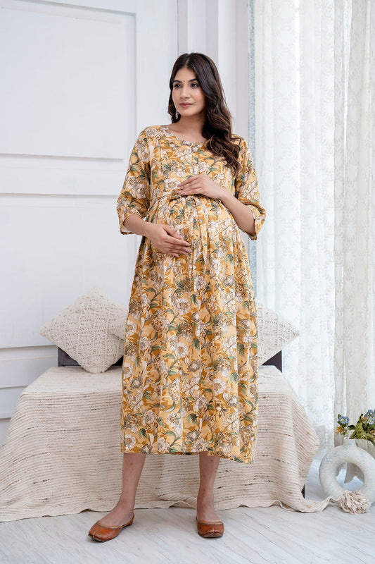 Cream Printed Maternity Dress For Women | LASVINI - Redefining Indian Fashion with Elegance