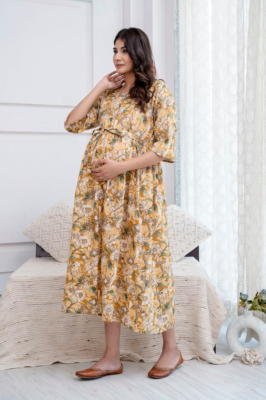 Cream Printed Maternity Dress For Women | LASVINI - Redefining Indian Fashion with Elegance