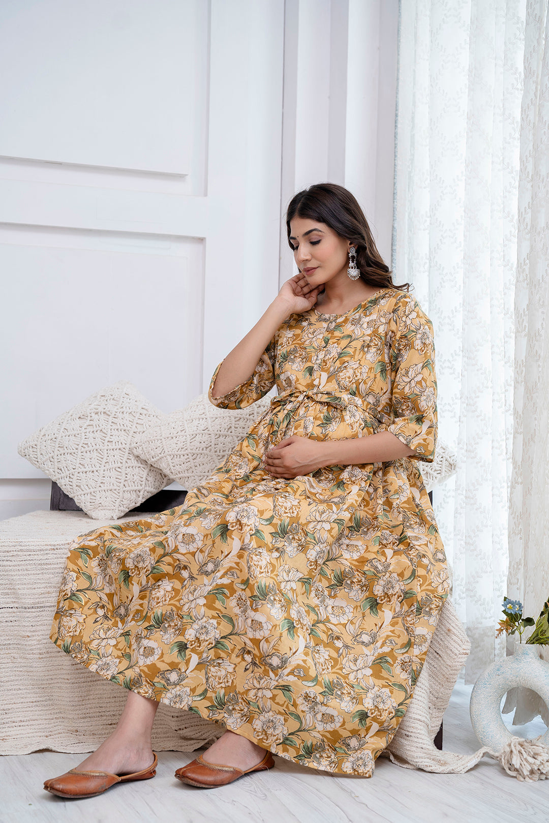 Cream Printed Maternity Dress For Women | LASVINI - Redefining Indian Fashion with Elegance