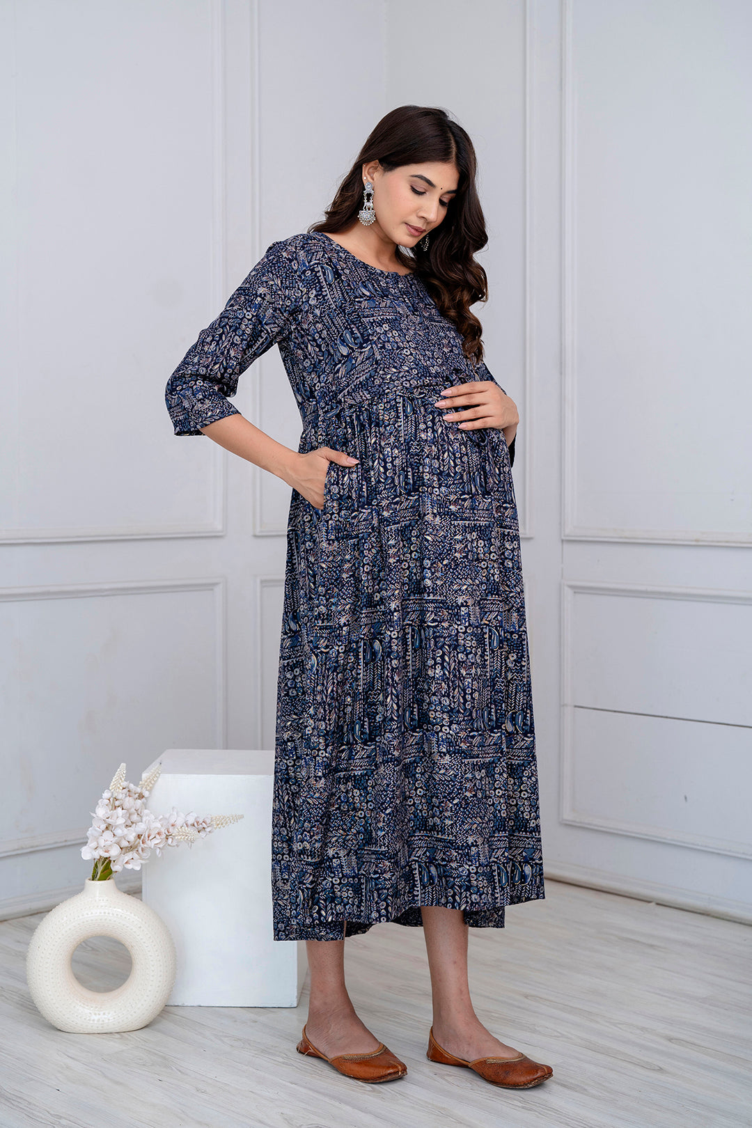 Navy Blue Abstract Printed Maternity Dress For Women | LASVINI - Redefining Indian Fashion with Elegance