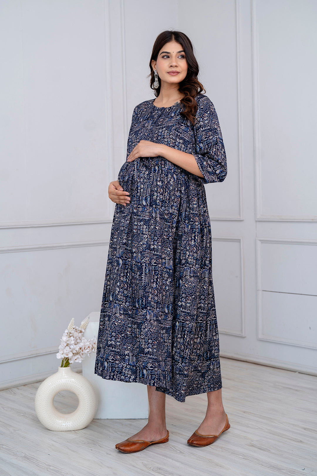 Navy Blue Abstract Printed Maternity Dress For Women | LASVINI - Redefining Indian Fashion with Elegance