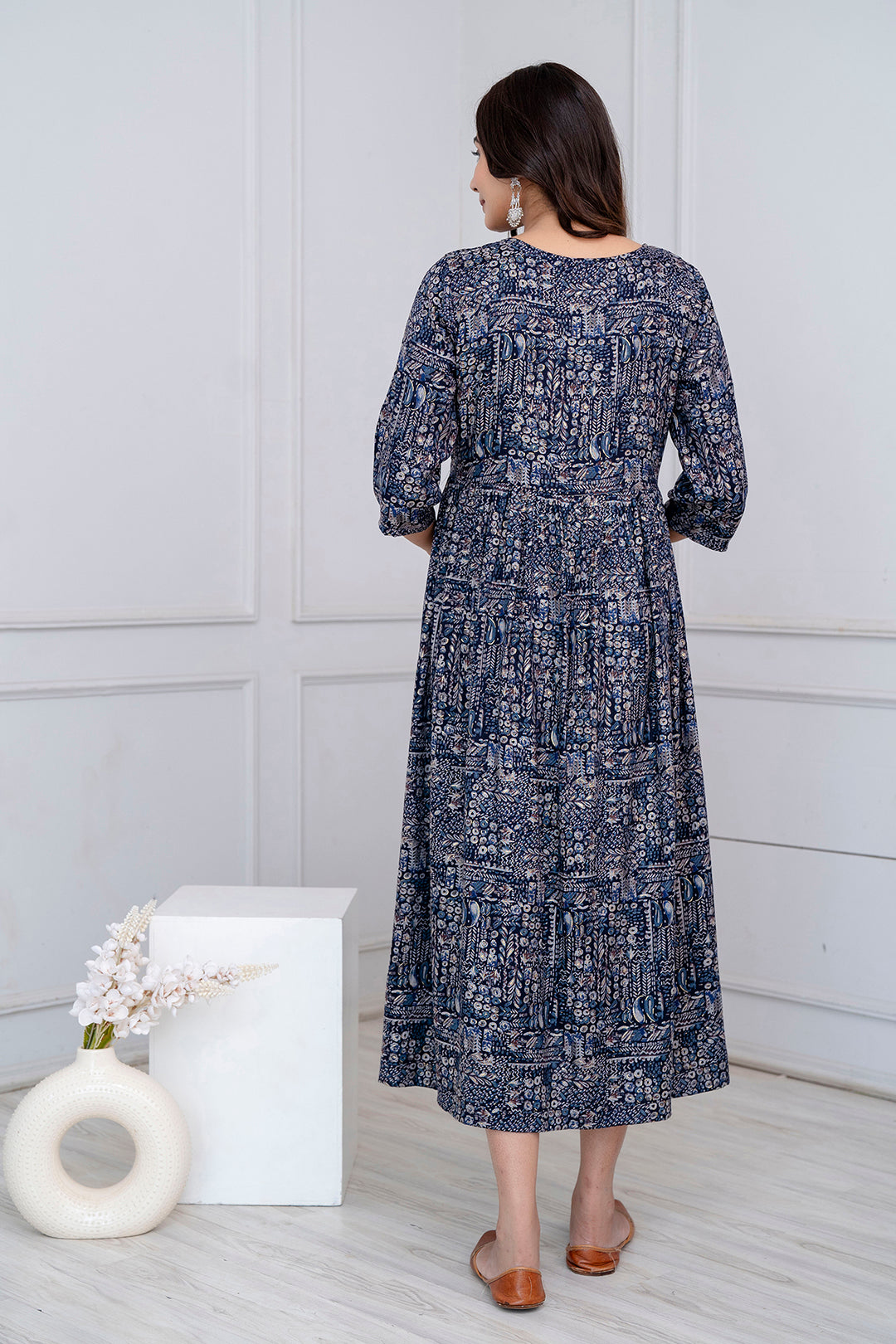 Navy Blue Abstract Printed Maternity Dress For Women | LASVINI - Redefining Indian Fashion with Elegance