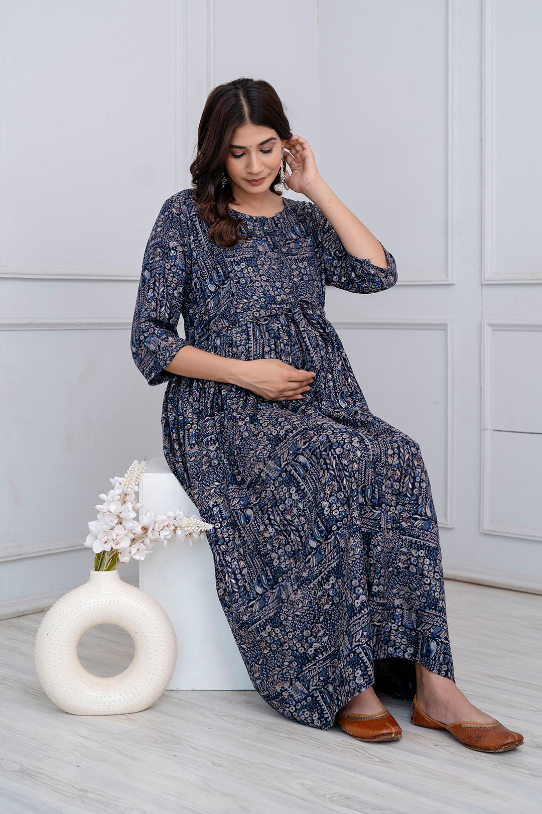 Navy Blue Abstract Printed Maternity Dress For Women | LASVINI - Redefining Indian Fashion with Elegance