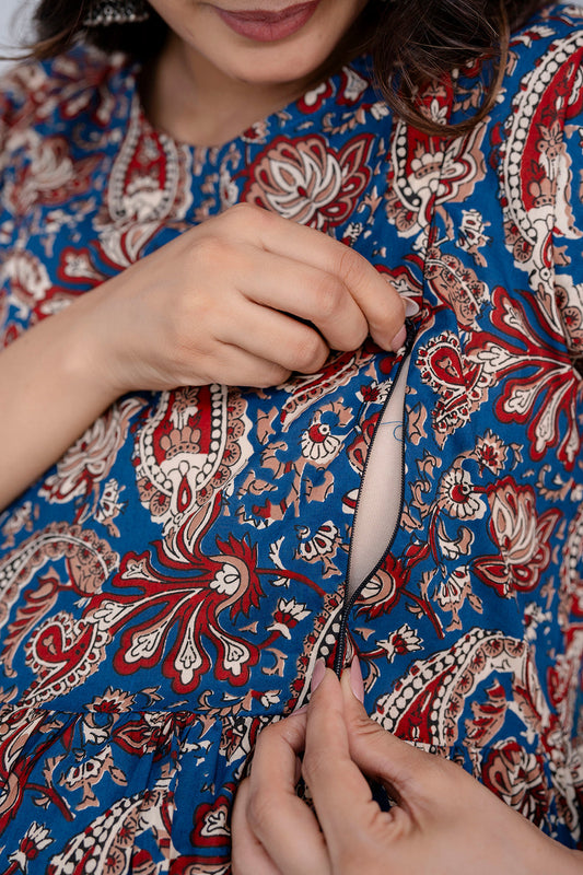 Blue Printed Maternity Dress For Women | LASVINI - Redefining Indian Fashion with Elegance