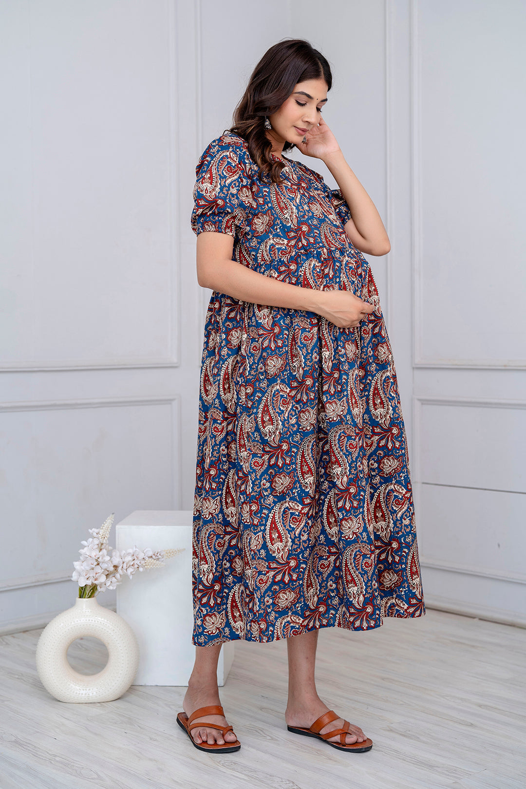 Blue Printed Maternity Dress For Women | LASVINI - Redefining Indian Fashion with Elegance