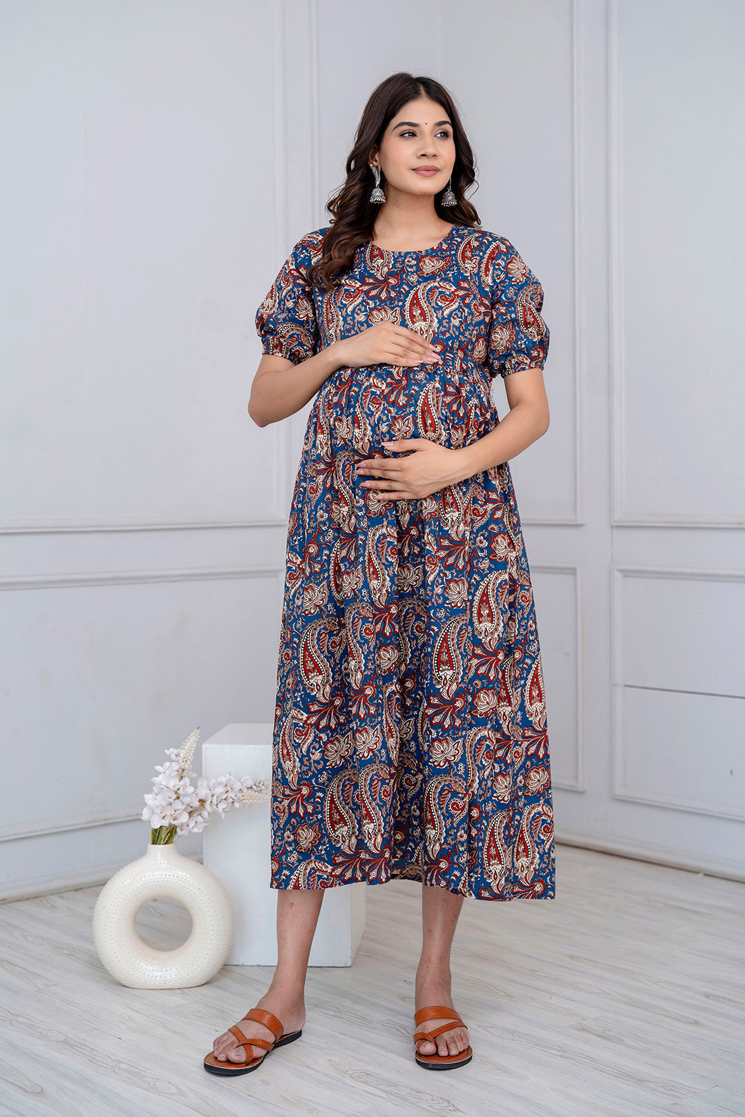 Blue Printed Maternity Dress For Women | LASVINI - Redefining Indian Fashion with Elegance