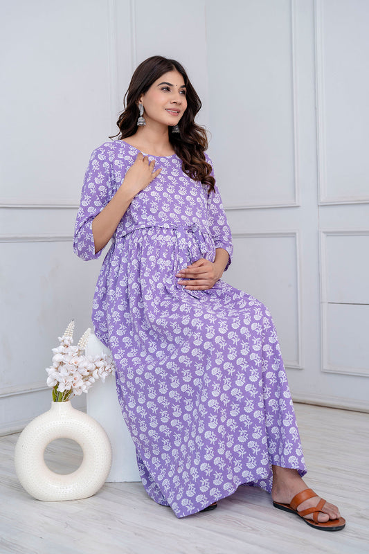 Purple Printed Maternity Dress For Women | LASVINI - Redefining Indian Fashion with Elegance