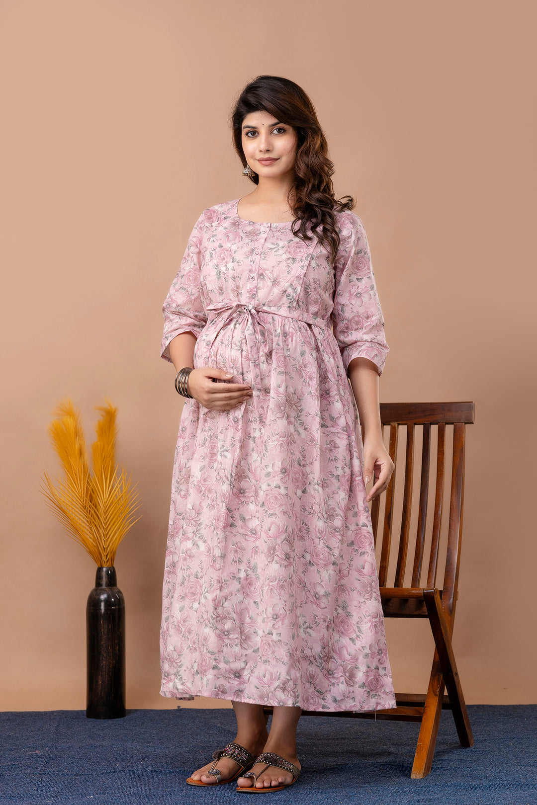 Pink Printed Maternity Dress For Women | LASVINI - Redefining Indian Fashion with Elegance