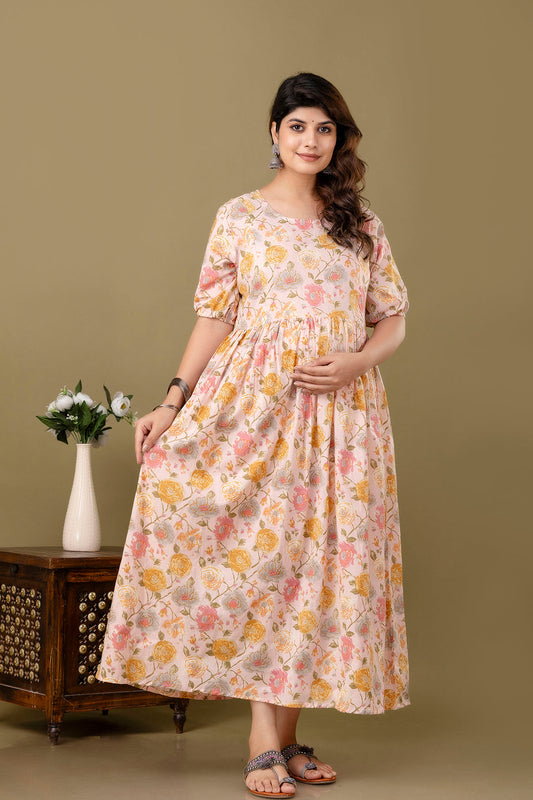 Pink Printed Maternity Dress For Women | LASVINI - Redefining Indian Fashion with Elegance