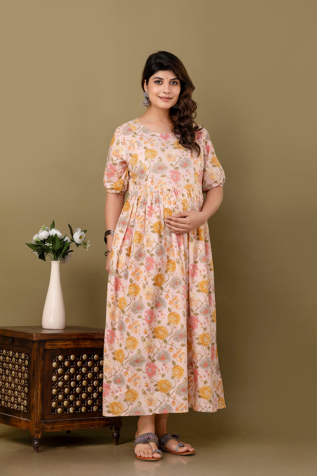 Pink Printed Maternity Dress For Women | LASVINI - Redefining Indian Fashion with Elegance