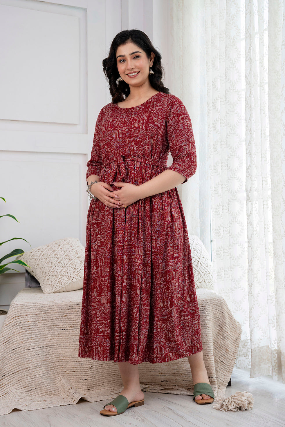 Navy Maroon Abstract Printed Maternity Dress For Women | LASVINI - Redefining Indian Fashion with Elegance