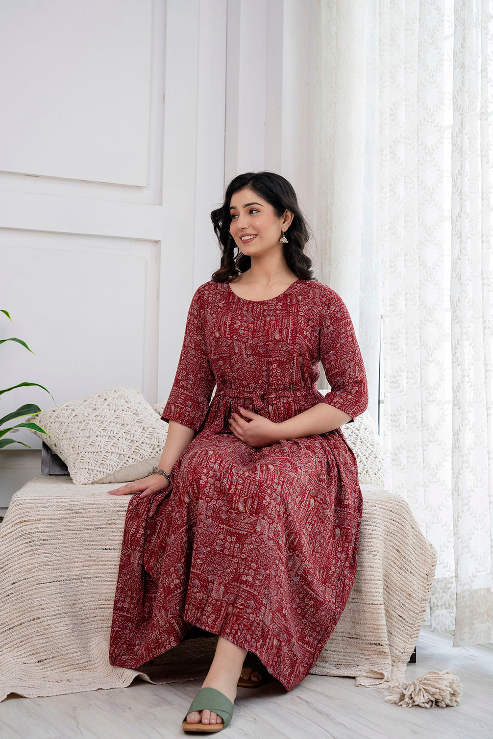 Navy Maroon Abstract Printed Maternity Dress For Women | LASVINI - Redefining Indian Fashion with Elegance