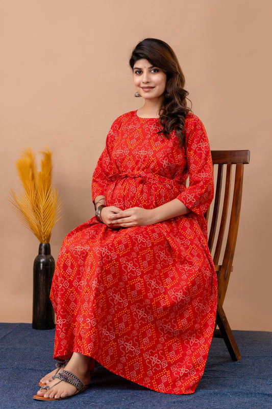 Red Printed Maternity Dress For Women | LASVINI - Redefining Indian Fashion with Elegance
