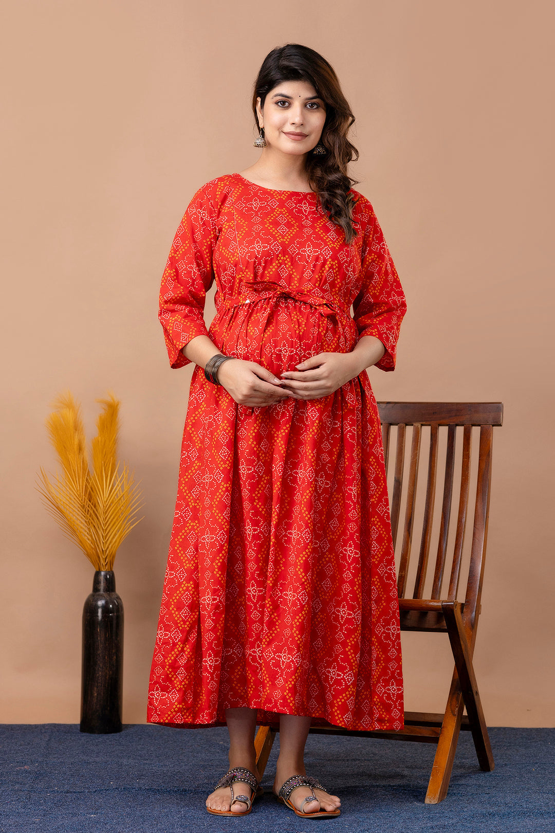 Red Printed Maternity Dress For Women | LASVINI - Redefining Indian Fashion with Elegance