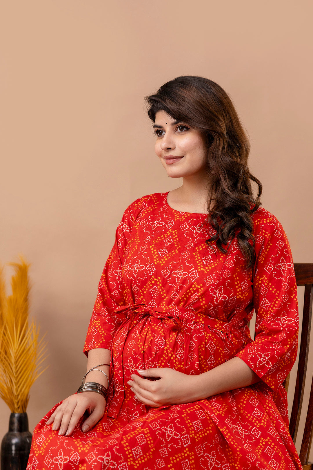 Red Printed Maternity Dress For Women | LASVINI - Redefining Indian Fashion with Elegance