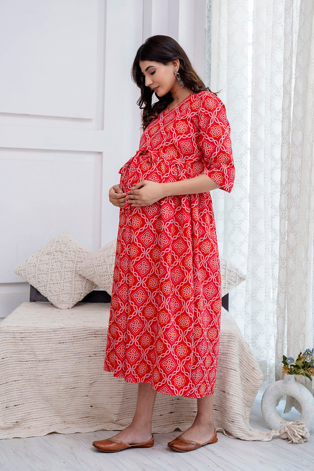 Red Printed Maternity Dress For Women | LASVINI - Redefining Indian Fashion with Elegance