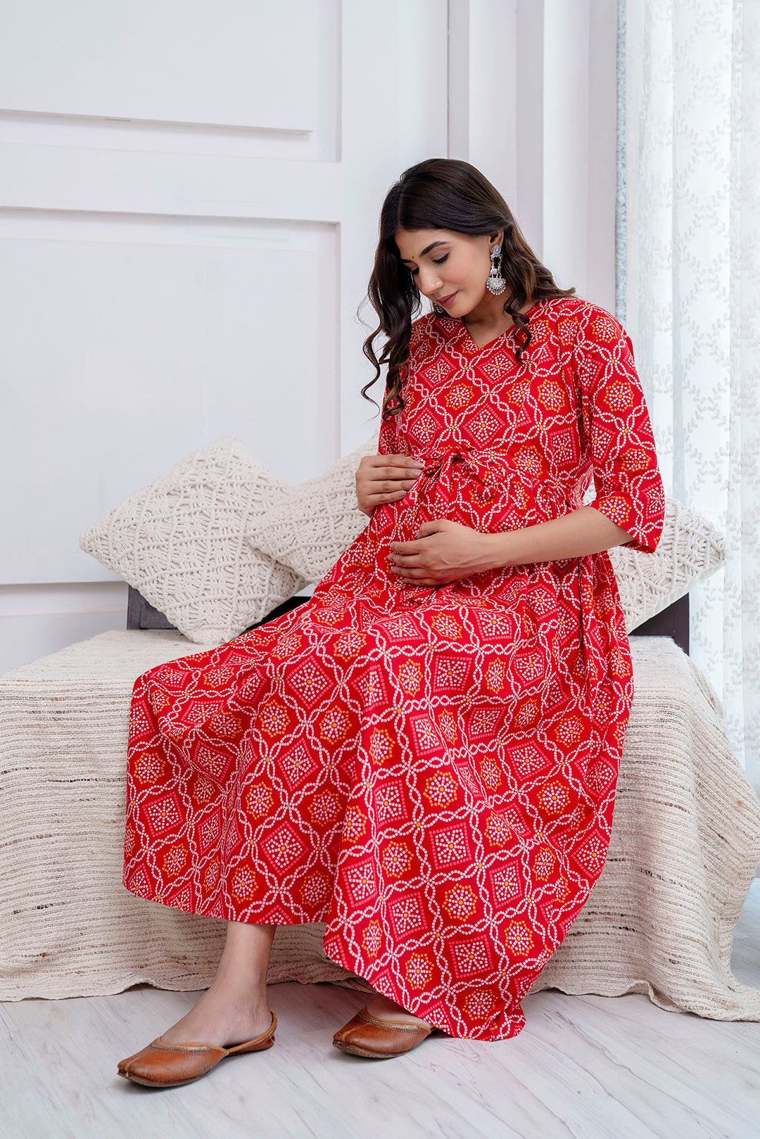 Red Printed Maternity Dress For Women | LASVINI - Redefining Indian Fashion with Elegance