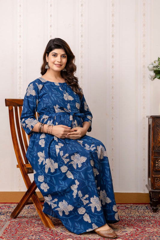 Blue Printed Maternity Dress For Women | LASVINI - Redefining Indian Fashion with Elegance