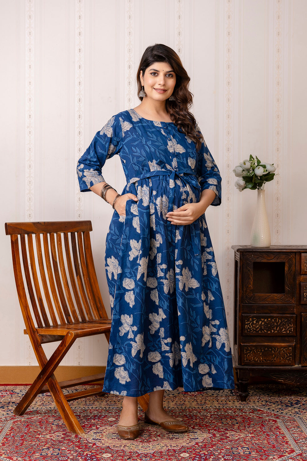Blue Printed Maternity Dress For Women | LASVINI - Redefining Indian Fashion with Elegance